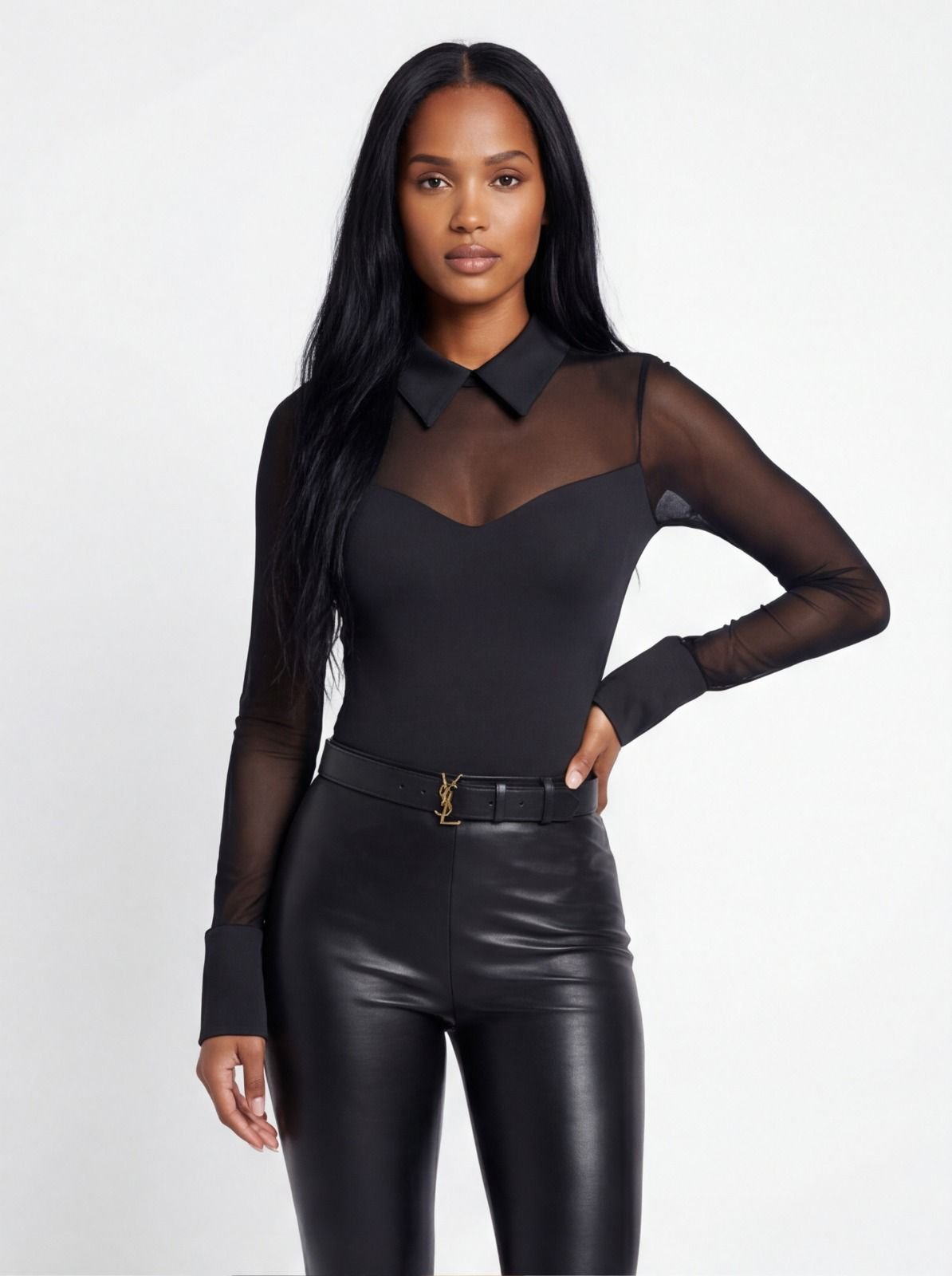 בגד גוף צווארון שקוף שחור